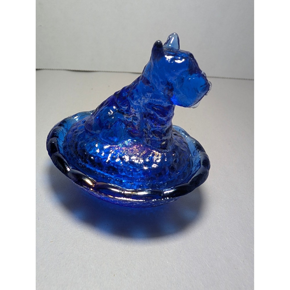 Vintage Scottie Dog Trinket Dish Small Cobalt Blue Carnival Glass Excellent 3in